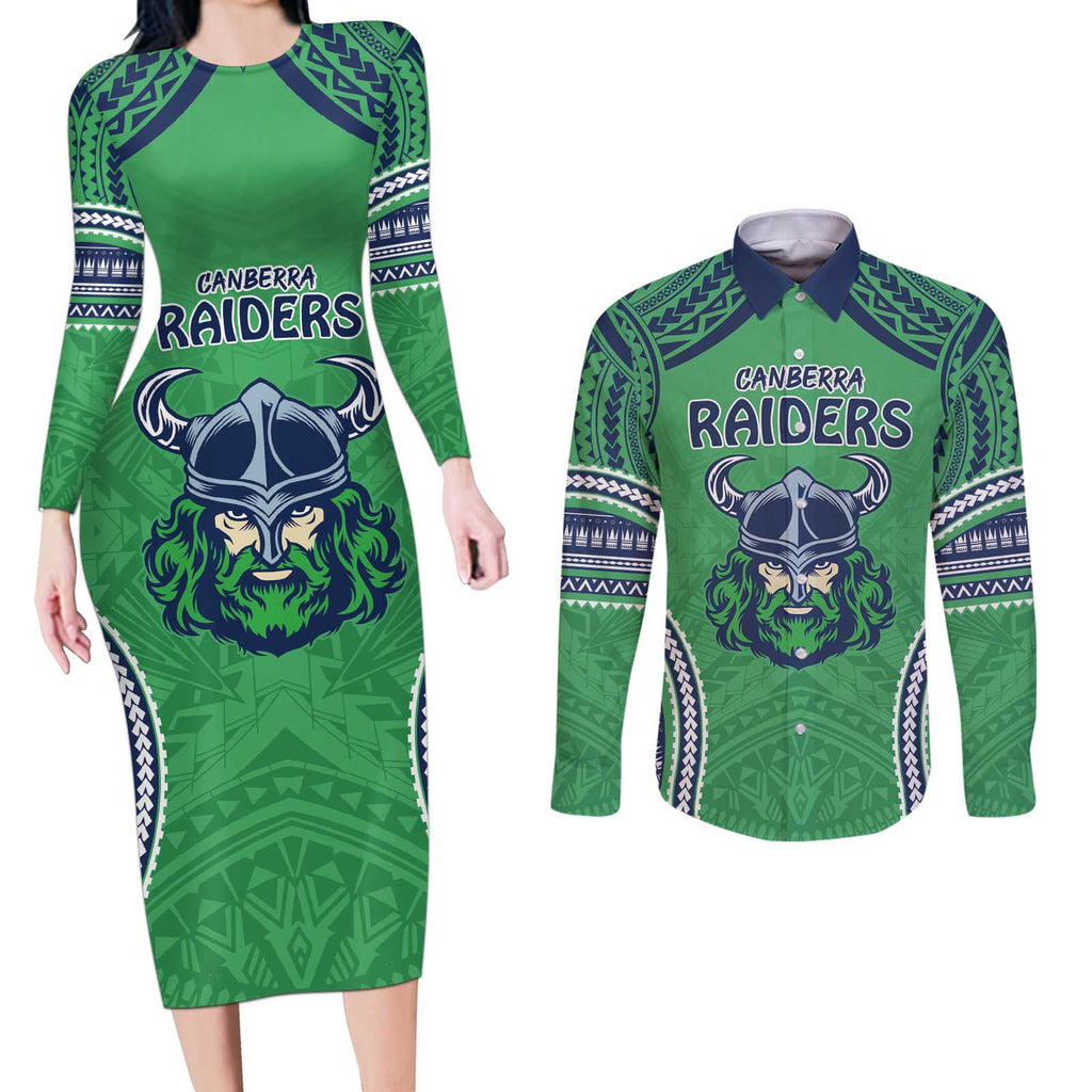 Raiders Rugby Custom Couples Matching Long Sleeve Bodycon Dress and Long Sleeve Button Shirt With Polynesian Style