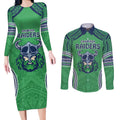 Raiders Rugby Custom Couples Matching Long Sleeve Bodycon Dress and Long Sleeve Button Shirt With Polynesian Style