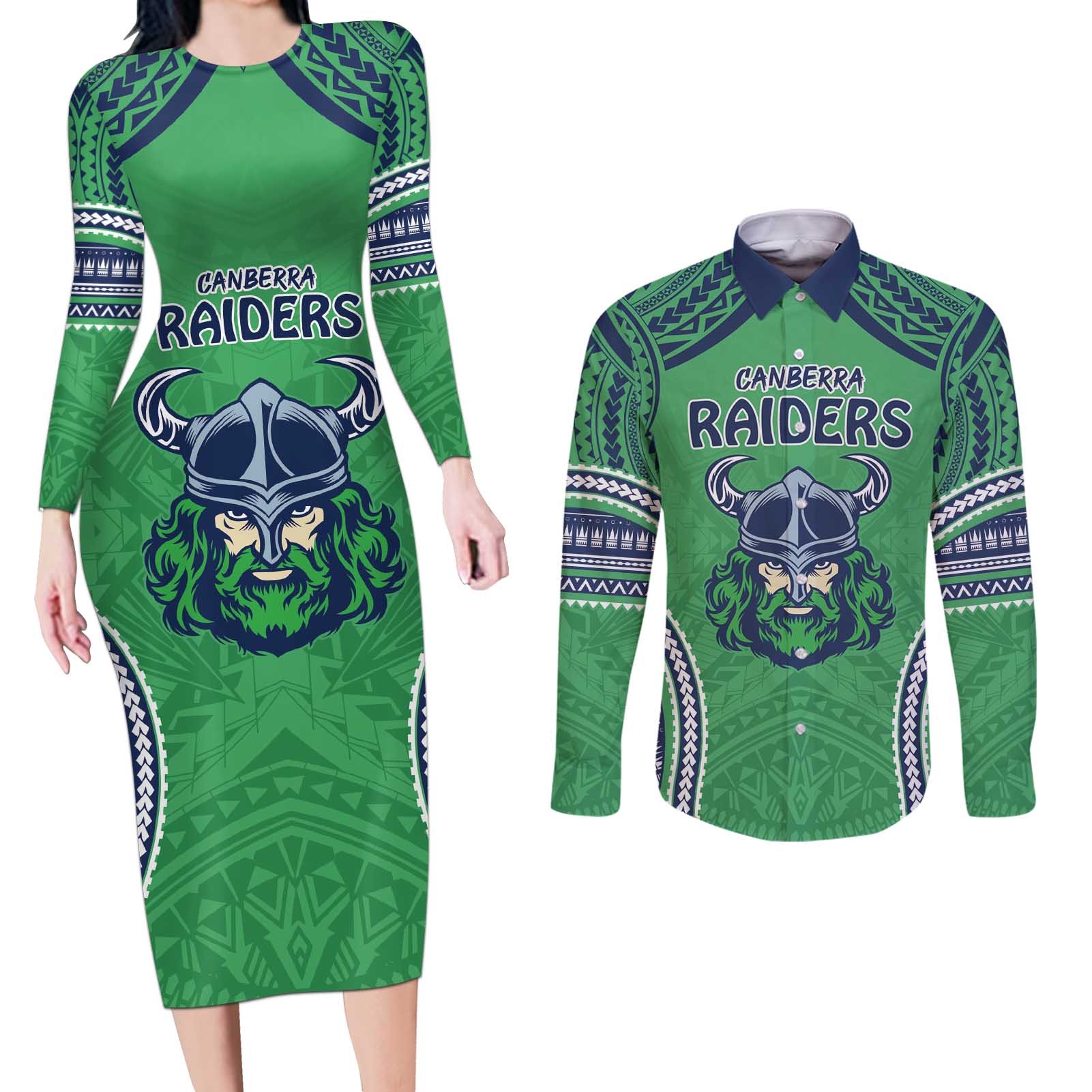 Raiders Rugby Custom Couples Matching Long Sleeve Bodycon Dress and Long Sleeve Button Shirt With Polynesian Style