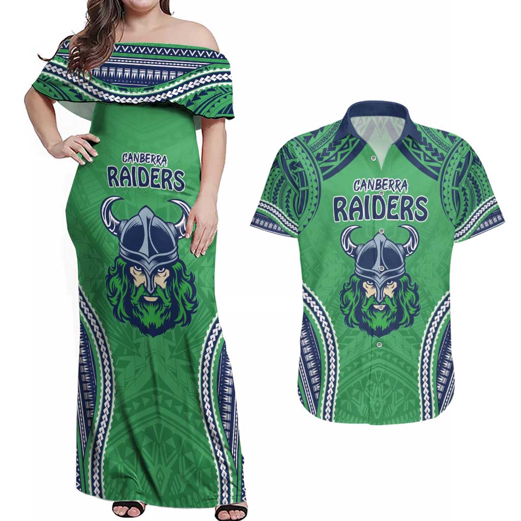 Raiders Rugby Custom Couples Matching Off Shoulder Maxi Dress and Hawaiian Shirt With Polynesian Style