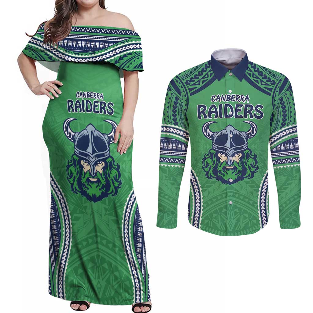 Raiders Rugby Custom Couples Matching Off Shoulder Maxi Dress and Long Sleeve Button Shirt With Polynesian Style