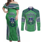 Raiders Rugby Custom Couples Matching Off Shoulder Maxi Dress and Long Sleeve Button Shirt With Polynesian Style