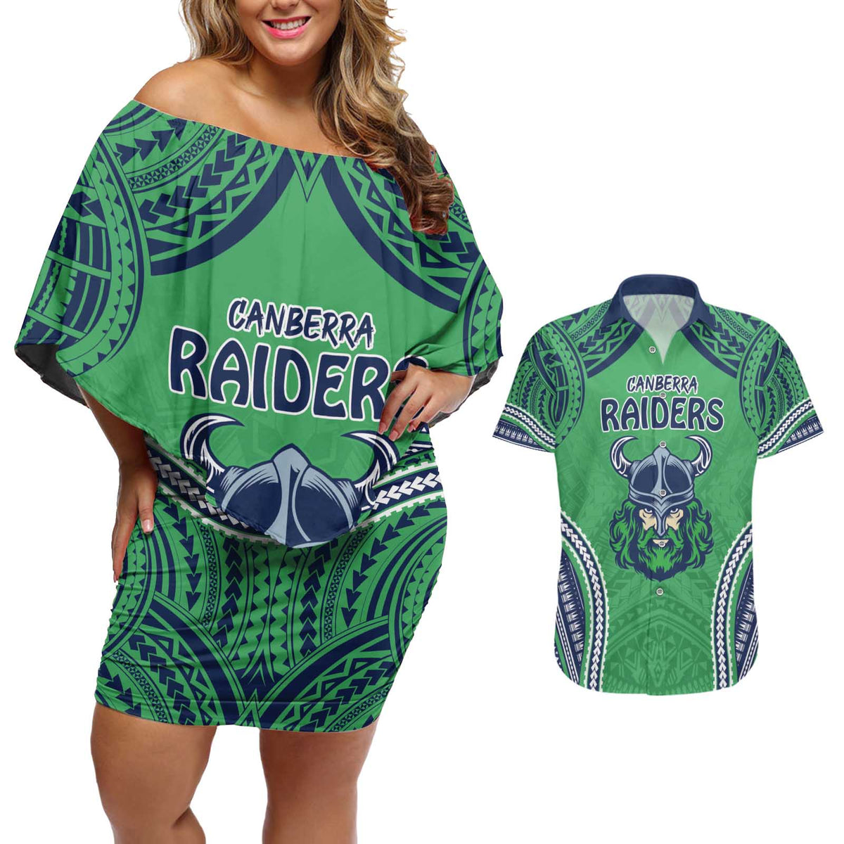 Raiders Rugby Custom Couples Matching Off Shoulder Short Dress and Hawaiian Shirt With Polynesian Style