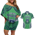Raiders Rugby Custom Couples Matching Off Shoulder Short Dress and Hawaiian Shirt With Polynesian Style