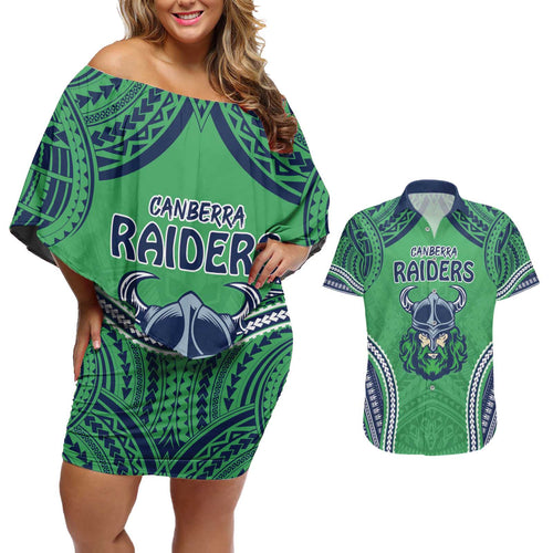 Raiders Rugby Custom Couples Matching Off Shoulder Short Dress and Hawaiian Shirt With Polynesian Style