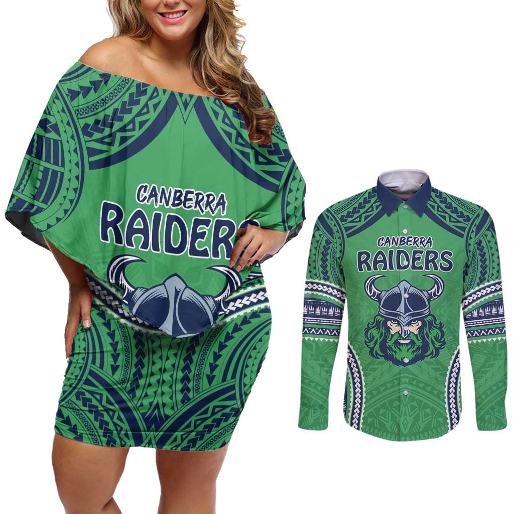 Raiders Rugby Custom Couples Matching Off Shoulder Short Dress and Long Sleeve Button Shirt With Polynesian Style