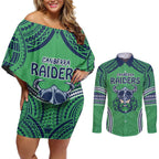 Raiders Rugby Custom Couples Matching Off Shoulder Short Dress and Long Sleeve Button Shirt With Polynesian Style