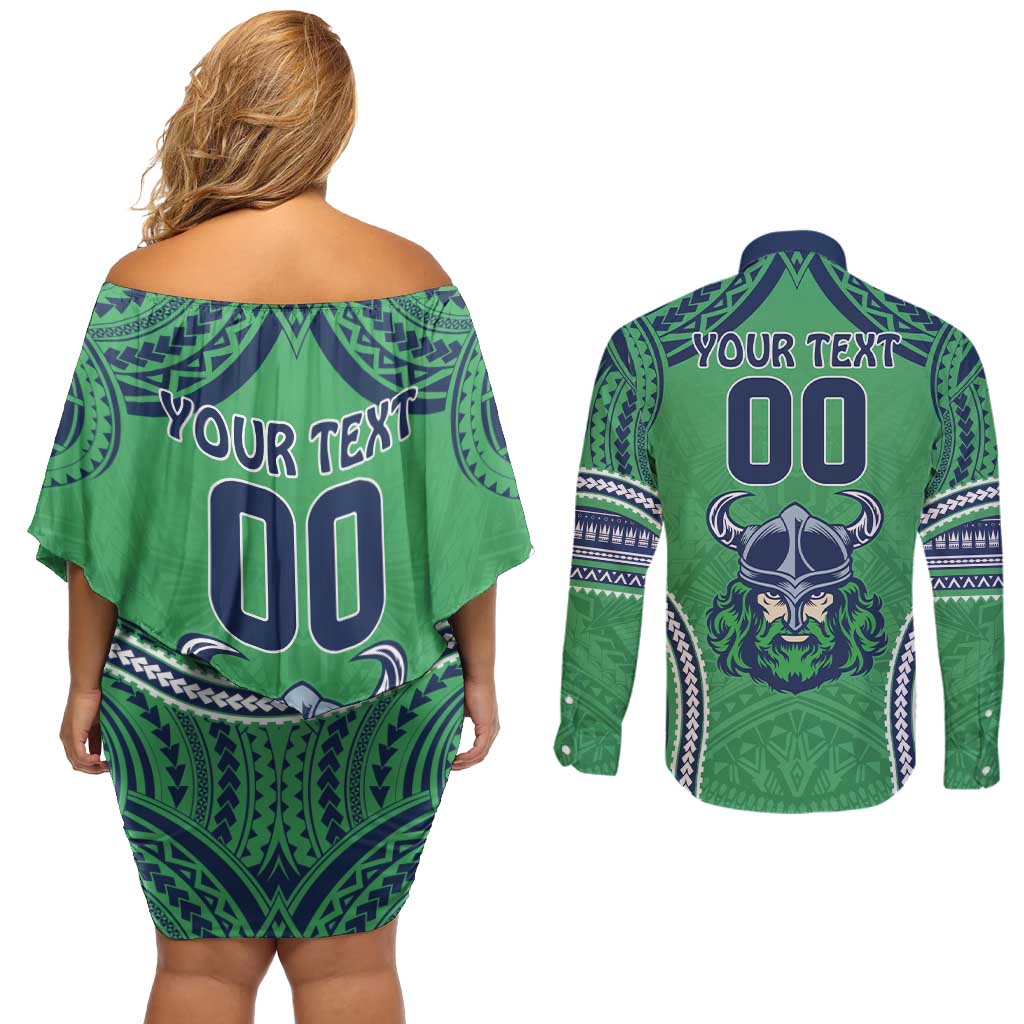 Raiders Rugby Custom Couples Matching Off Shoulder Short Dress and Long Sleeve Button Shirt With Polynesian Style