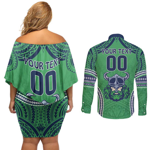 Raiders Rugby Custom Couples Matching Off Shoulder Short Dress and Long Sleeve Button Shirt With Polynesian Style