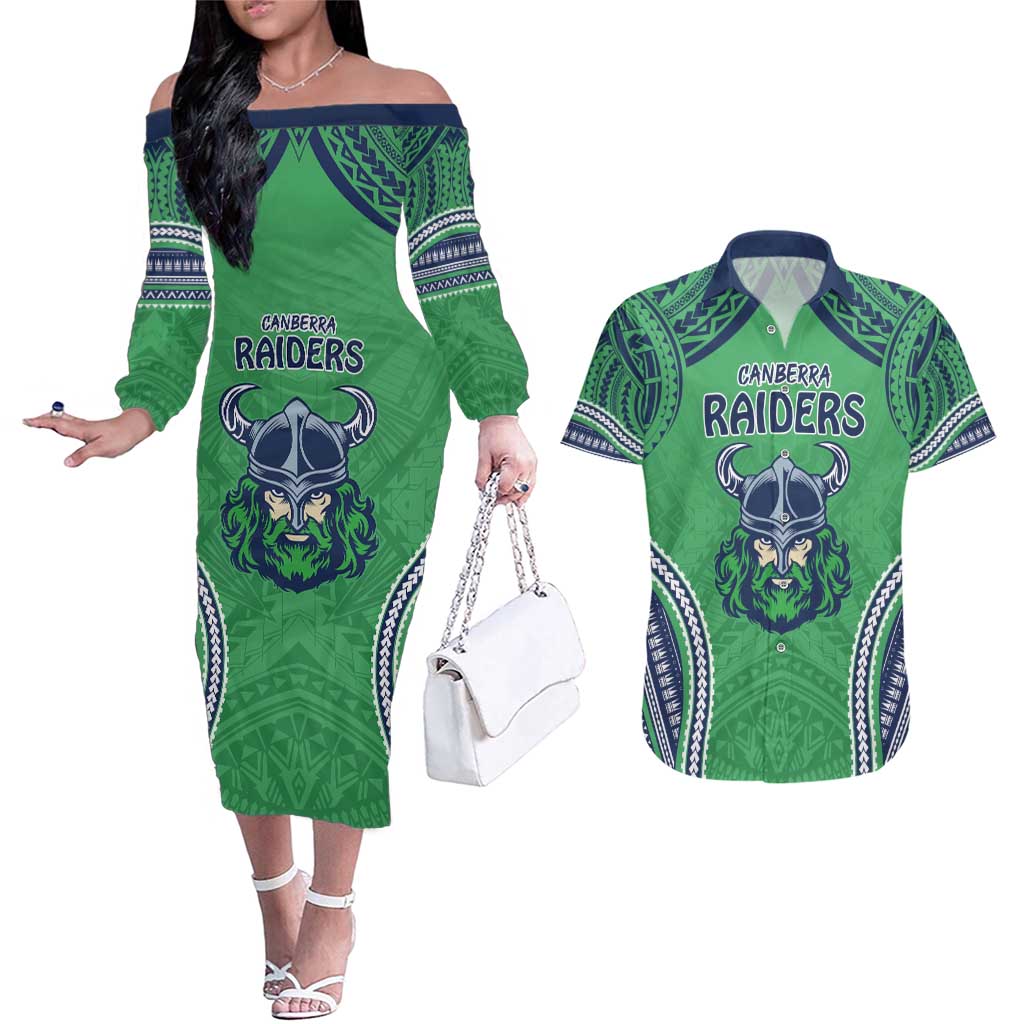 Raiders Rugby Custom Couples Matching Off The Shoulder Long Sleeve Dress and Hawaiian Shirt With Polynesian Style