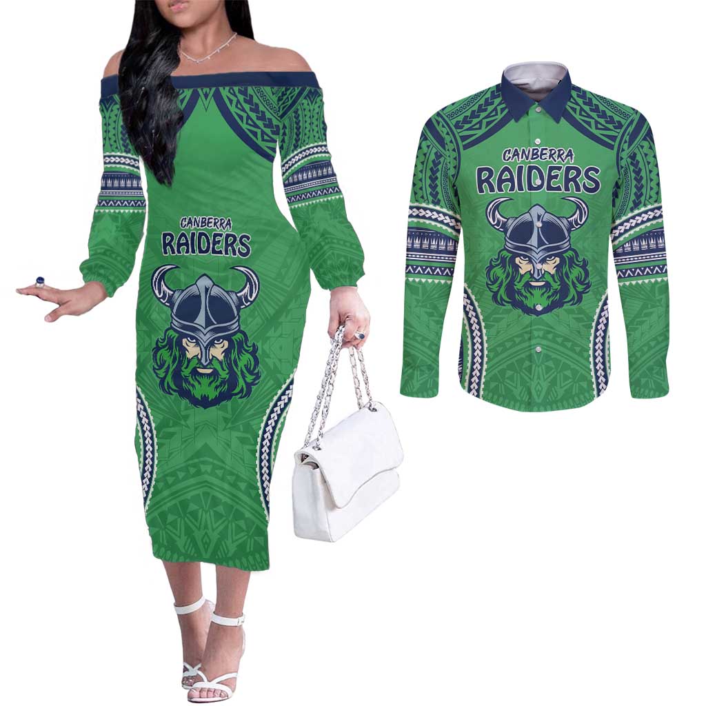 Raiders Rugby Custom Couples Matching Off The Shoulder Long Sleeve Dress and Long Sleeve Button Shirt With Polynesian Style