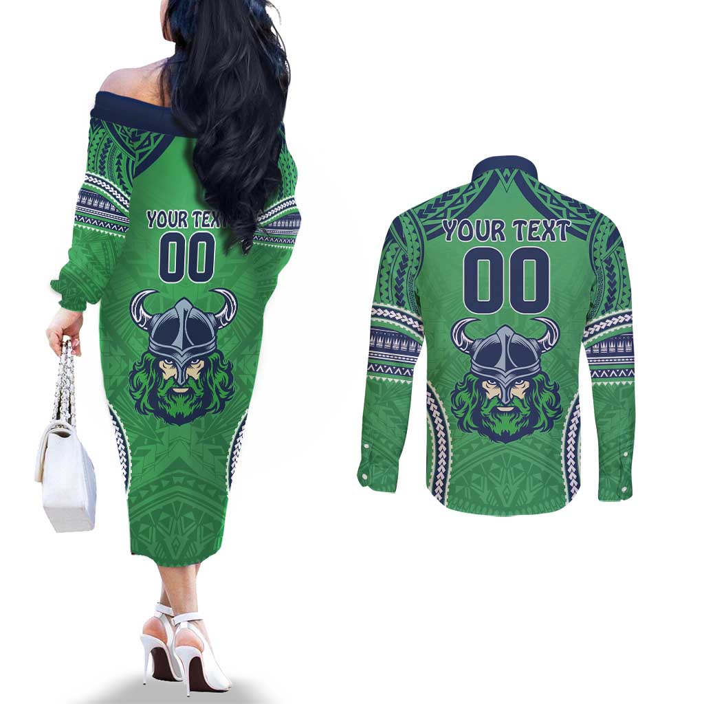 Raiders Rugby Custom Couples Matching Off The Shoulder Long Sleeve Dress and Long Sleeve Button Shirt With Polynesian Style