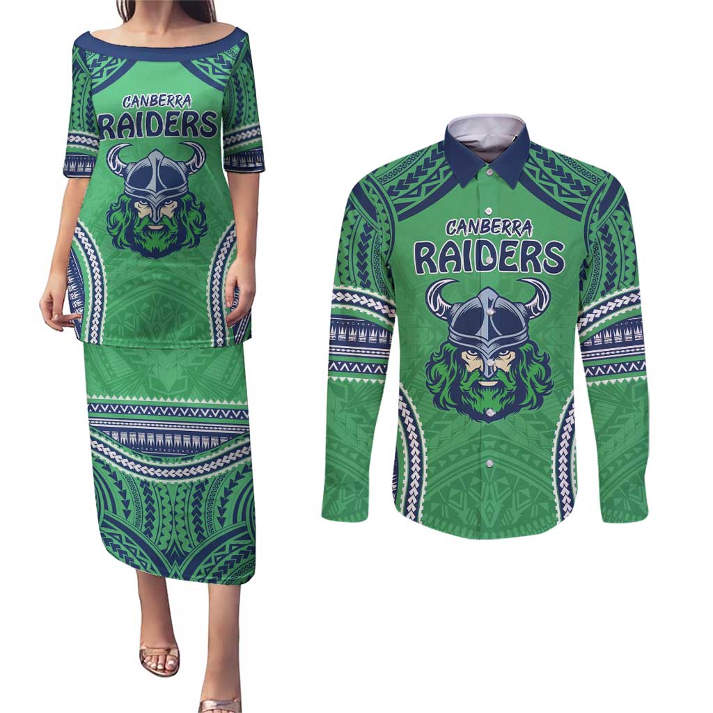 Raiders Rugby Custom Couples Matching Puletasi and Long Sleeve Button Shirt With Polynesian Style