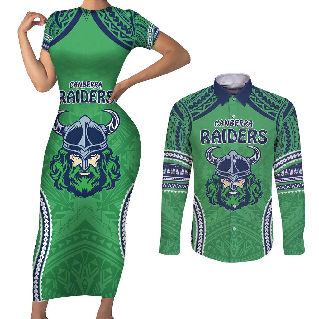 Raiders Rugby Custom Couples Matching Short Sleeve Bodycon Dress and Long Sleeve Button Shirt With Polynesian Style