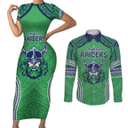 Raiders Rugby Custom Couples Matching Short Sleeve Bodycon Dress and Long Sleeve Button Shirt With Polynesian Style
