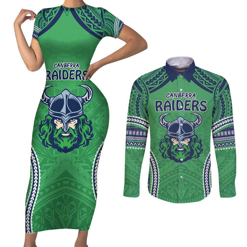 Raiders Rugby Custom Couples Matching Short Sleeve Bodycon Dress and Long Sleeve Button Shirt With Polynesian Style