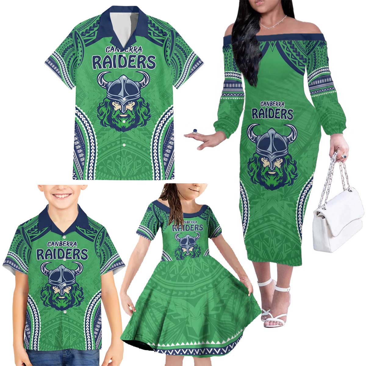 Raiders Rugby Custom Family Matching Off The Shoulder Long Sleeve Dress and Hawaiian Shirt With Polynesian Style