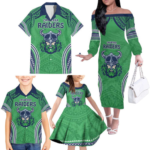 Raiders Rugby Custom Family Matching Off The Shoulder Long Sleeve Dress and Hawaiian Shirt With Polynesian Style