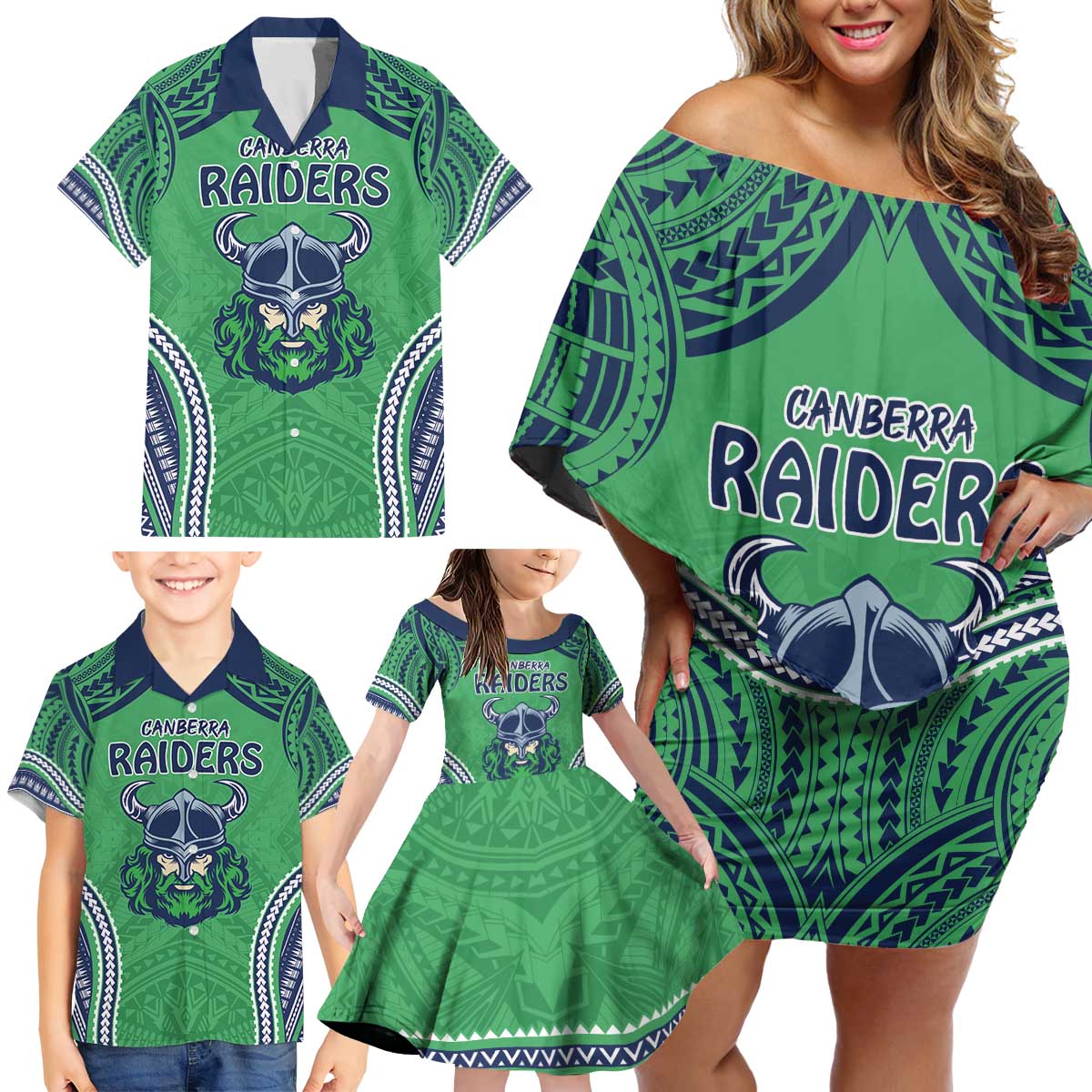 Raiders Rugby Custom Family Matching Off Shoulder Short Dress and Hawaiian Shirt With Polynesian Style