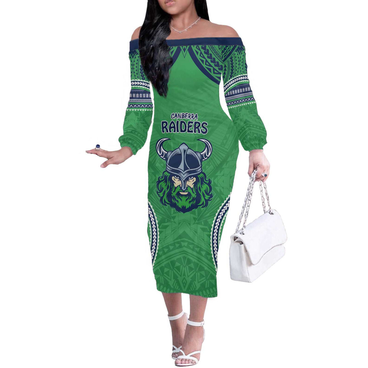 Raiders Rugby Custom Off The Shoulder Long Sleeve Dress With Polynesian Style