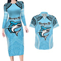 Sharks Rugby Custom Couples Matching Long Sleeve Bodycon Dress and Hawaiian Shirt With Polynesian Style