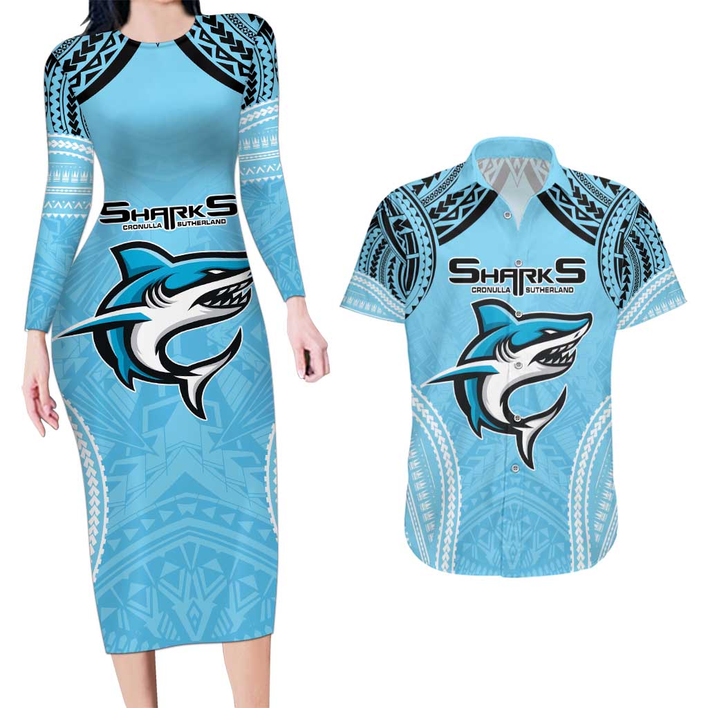 Sharks Rugby Custom Couples Matching Long Sleeve Bodycon Dress and Hawaiian Shirt With Polynesian Style
