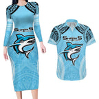 Sharks Rugby Custom Couples Matching Long Sleeve Bodycon Dress and Hawaiian Shirt With Polynesian Style