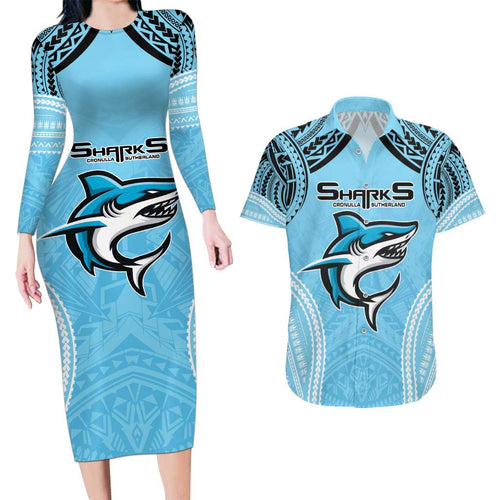 Sharks Rugby Custom Couples Matching Long Sleeve Bodycon Dress and Hawaiian Shirt With Polynesian Style