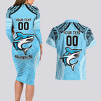 Sharks Rugby Custom Couples Matching Long Sleeve Bodycon Dress and Hawaiian Shirt With Polynesian Style