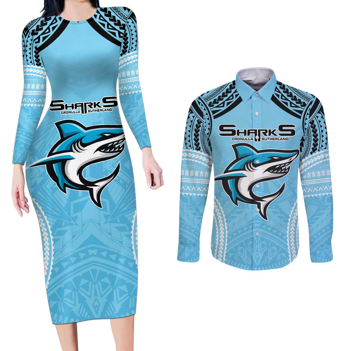 Sharks Rugby Custom Couples Matching Long Sleeve Bodycon Dress and Long Sleeve Button Shirt With Polynesian Style