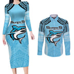 Sharks Rugby Custom Couples Matching Long Sleeve Bodycon Dress and Long Sleeve Button Shirt With Polynesian Style