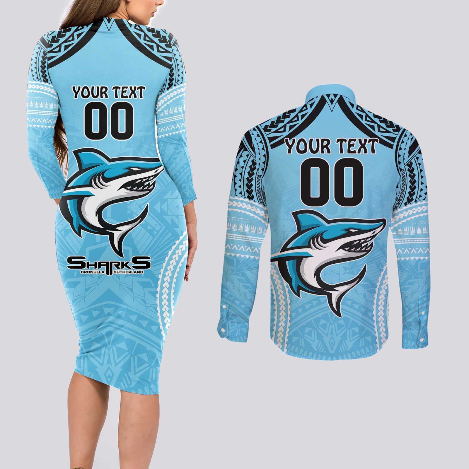 Sharks Rugby Custom Couples Matching Long Sleeve Bodycon Dress and Long Sleeve Button Shirt With Polynesian Style