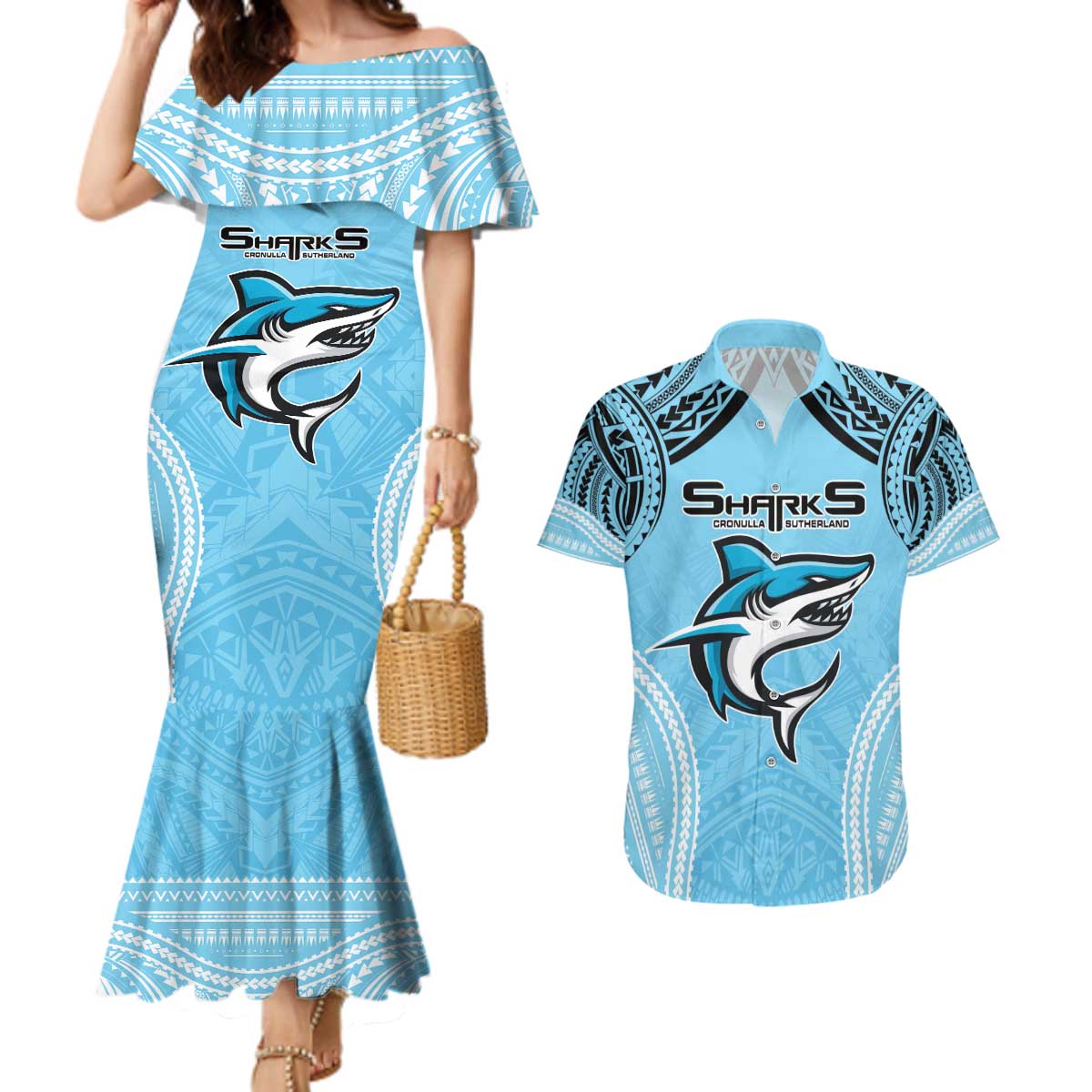 Sharks Rugby Custom Couples Matching Mermaid Dress and Hawaiian Shirt With Polynesian Style
