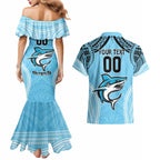Sharks Rugby Custom Couples Matching Mermaid Dress and Hawaiian Shirt With Polynesian Style