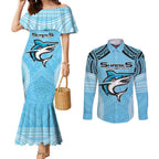 Sharks Rugby Custom Couples Matching Mermaid Dress and Long Sleeve Button Shirt With Polynesian Style