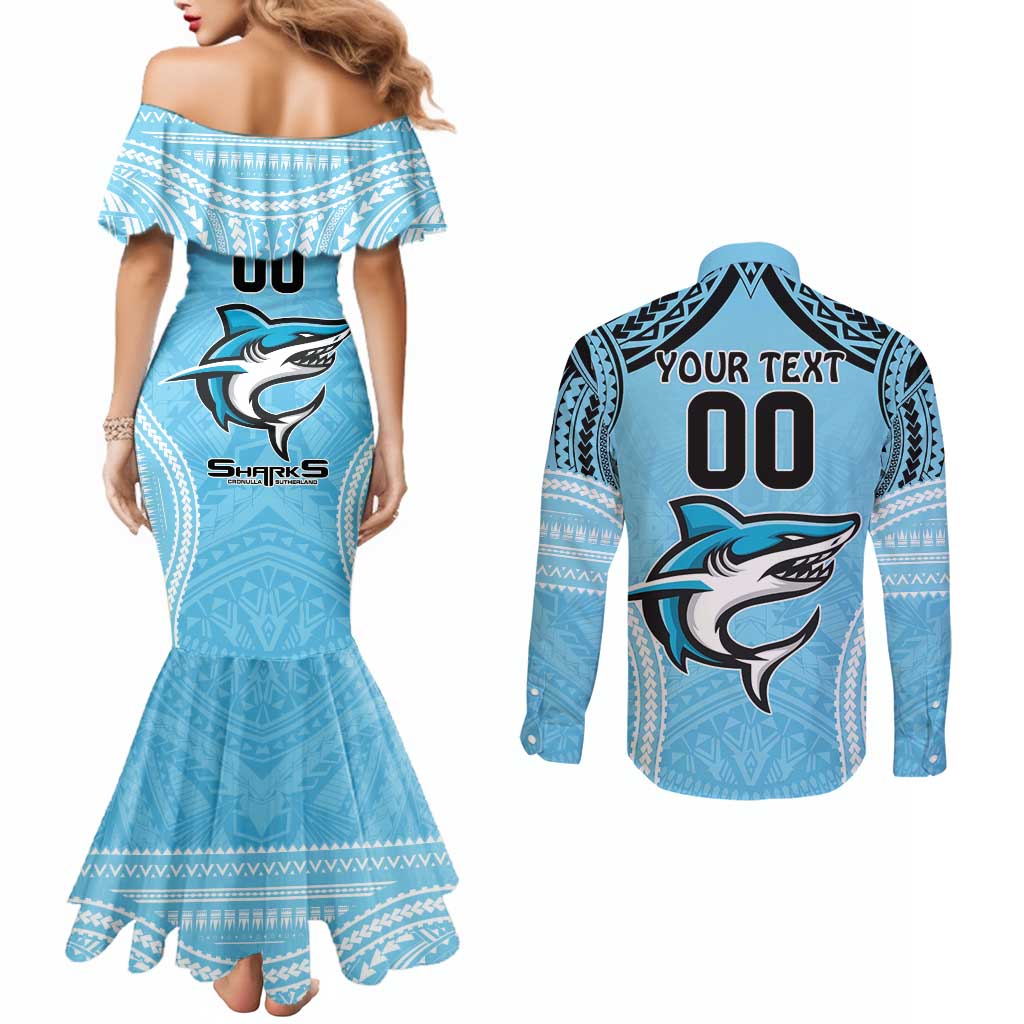 Sharks Rugby Custom Couples Matching Mermaid Dress and Long Sleeve Button Shirt With Polynesian Style