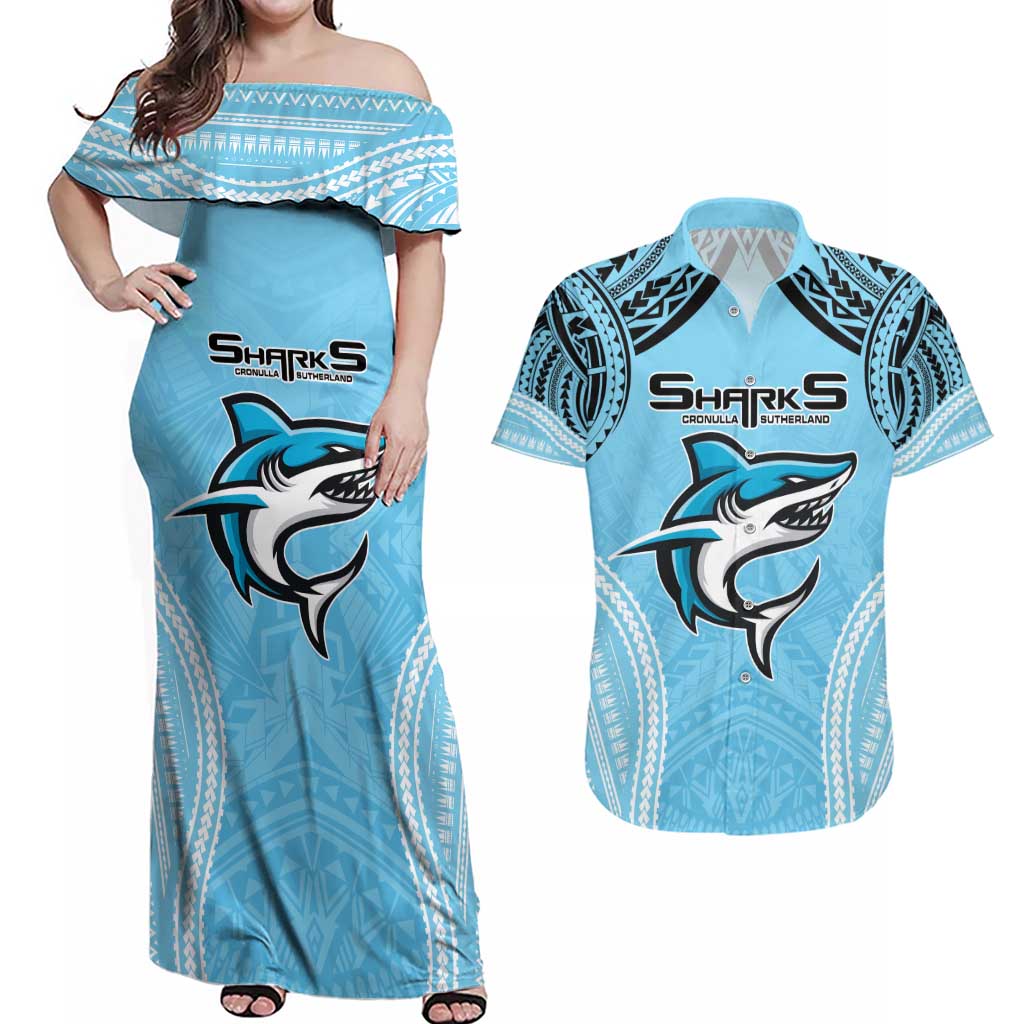 Sharks Rugby Custom Couples Matching Off Shoulder Maxi Dress and Hawaiian Shirt With Polynesian Style
