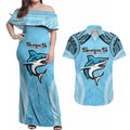 Sharks Rugby Custom Couples Matching Off Shoulder Maxi Dress and Hawaiian Shirt With Polynesian Style