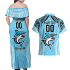 Sharks Rugby Custom Couples Matching Off Shoulder Maxi Dress and Hawaiian Shirt With Polynesian Style