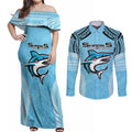 Sharks Rugby Custom Couples Matching Off Shoulder Maxi Dress and Long Sleeve Button Shirt With Polynesian Style