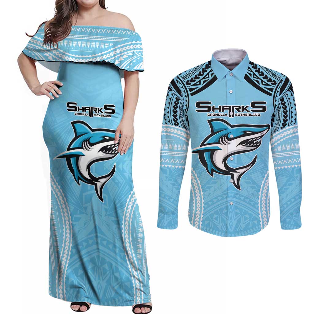 Sharks Rugby Custom Couples Matching Off Shoulder Maxi Dress and Long Sleeve Button Shirt With Polynesian Style