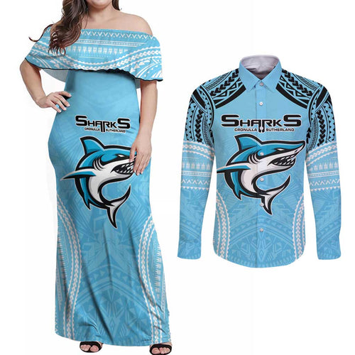 Sharks Rugby Custom Couples Matching Off Shoulder Maxi Dress and Long Sleeve Button Shirt With Polynesian Style