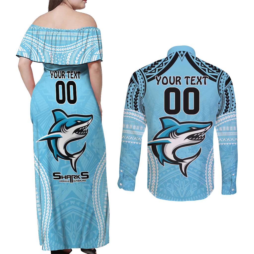 Sharks Rugby Custom Couples Matching Off Shoulder Maxi Dress and Long Sleeve Button Shirt With Polynesian Style