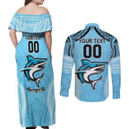 Sharks Rugby Custom Couples Matching Off Shoulder Maxi Dress and Long Sleeve Button Shirt With Polynesian Style