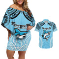 Sharks Rugby Custom Couples Matching Off Shoulder Short Dress and Hawaiian Shirt With Polynesian Style