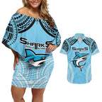 Sharks Rugby Custom Couples Matching Off Shoulder Short Dress and Hawaiian Shirt With Polynesian Style