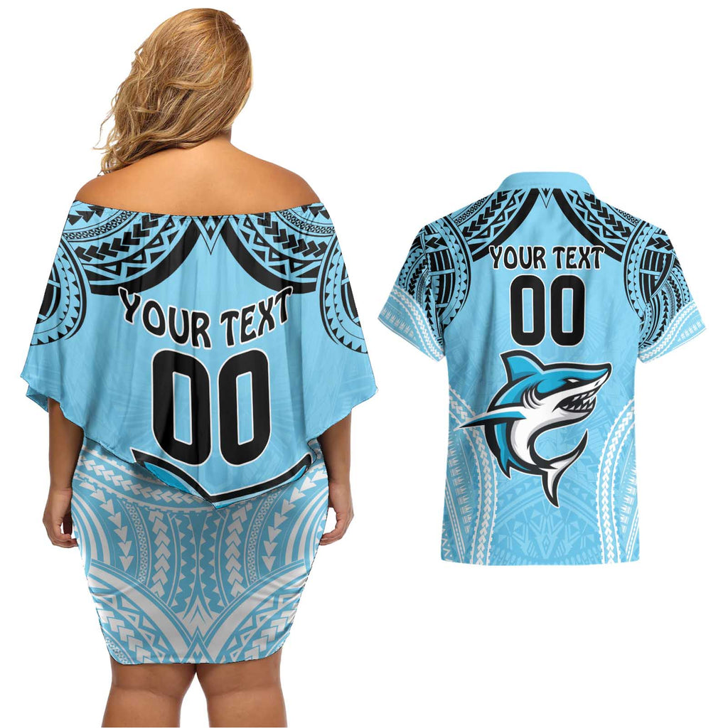 Sharks Rugby Custom Couples Matching Off Shoulder Short Dress and Hawaiian Shirt With Polynesian Style