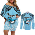 Sharks Rugby Custom Couples Matching Off Shoulder Short Dress and Long Sleeve Button Shirt With Polynesian Style