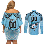 Sharks Rugby Custom Couples Matching Off Shoulder Short Dress and Long Sleeve Button Shirt With Polynesian Style