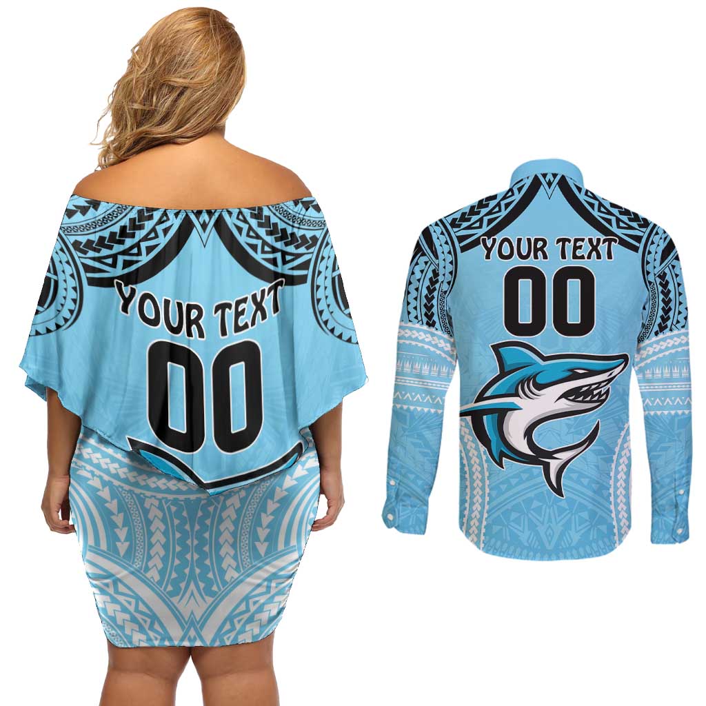 Sharks Rugby Custom Couples Matching Off Shoulder Short Dress and Long Sleeve Button Shirt With Polynesian Style